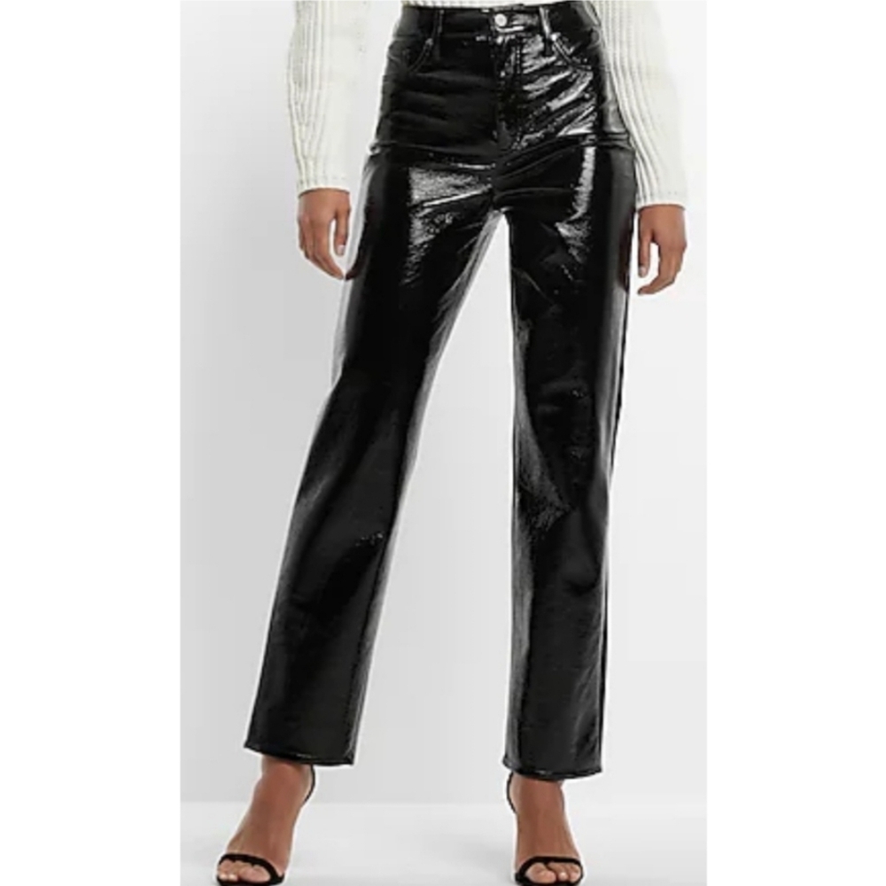 Super High Waisted Faux Patent Leather Modern Straight Pants Black Size 10R Goth